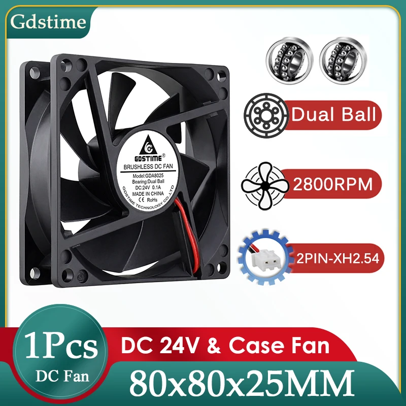 

Gdstime Fan DC 24V Cooler 80*80*25MM Brushless Cooling Fan 8025 Dual Ball 2800RPM Axial Fan 80MM Computer Fan for Case Cooling