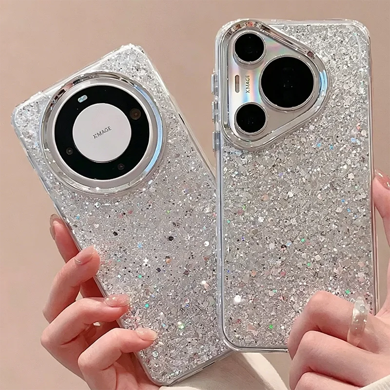 Glitter Silver Sequins Soft TPU Phone Case For Huawei Pura70 Pro Pura70 Pro Plus Mate60 Pro Bling Sparkly Protective Cover