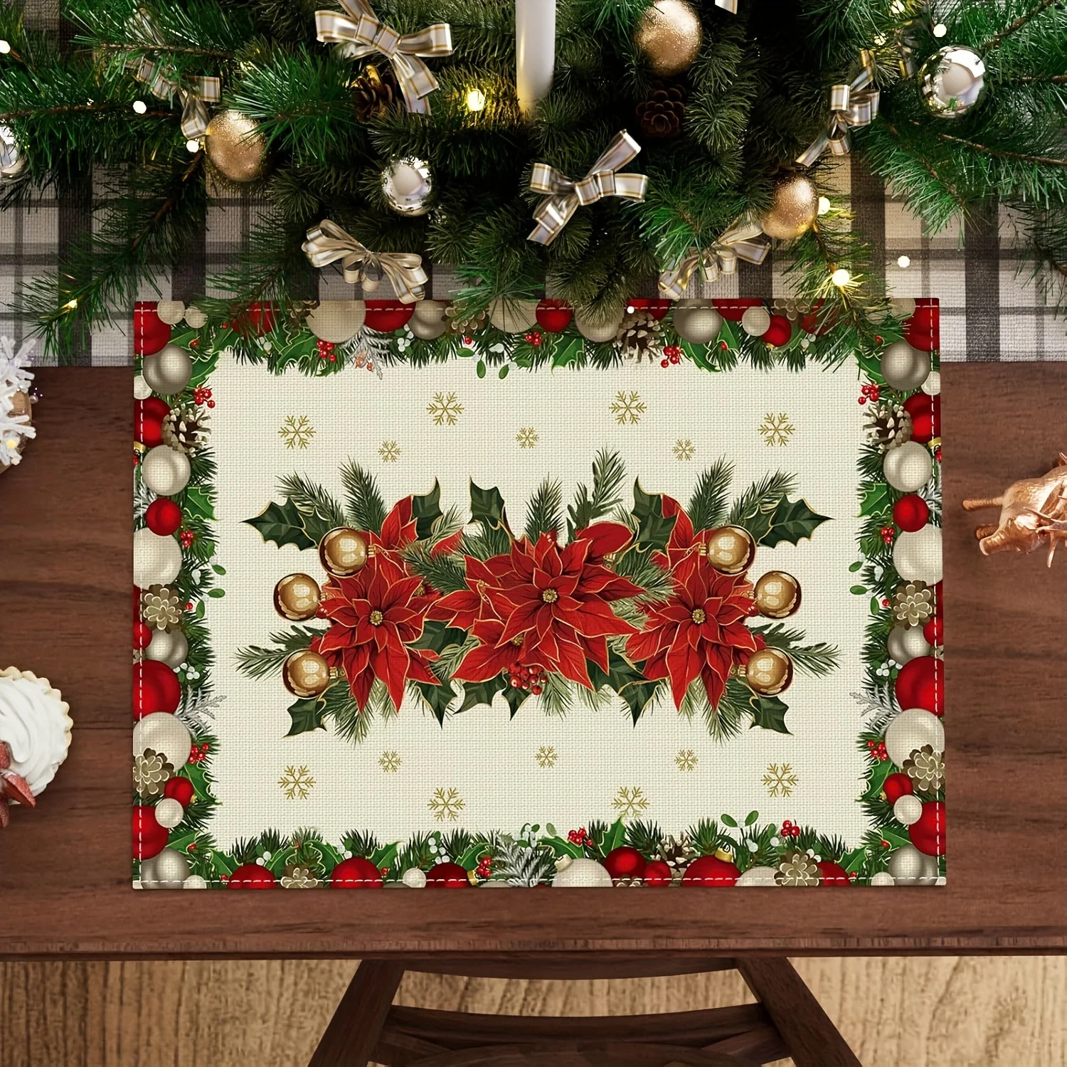 [4-Pack Festive Placemats 12x18 Inch] 4-Pack Christmas Placemats - Hand Wash Only, Polyester Woven Rectangular Table Mats with F