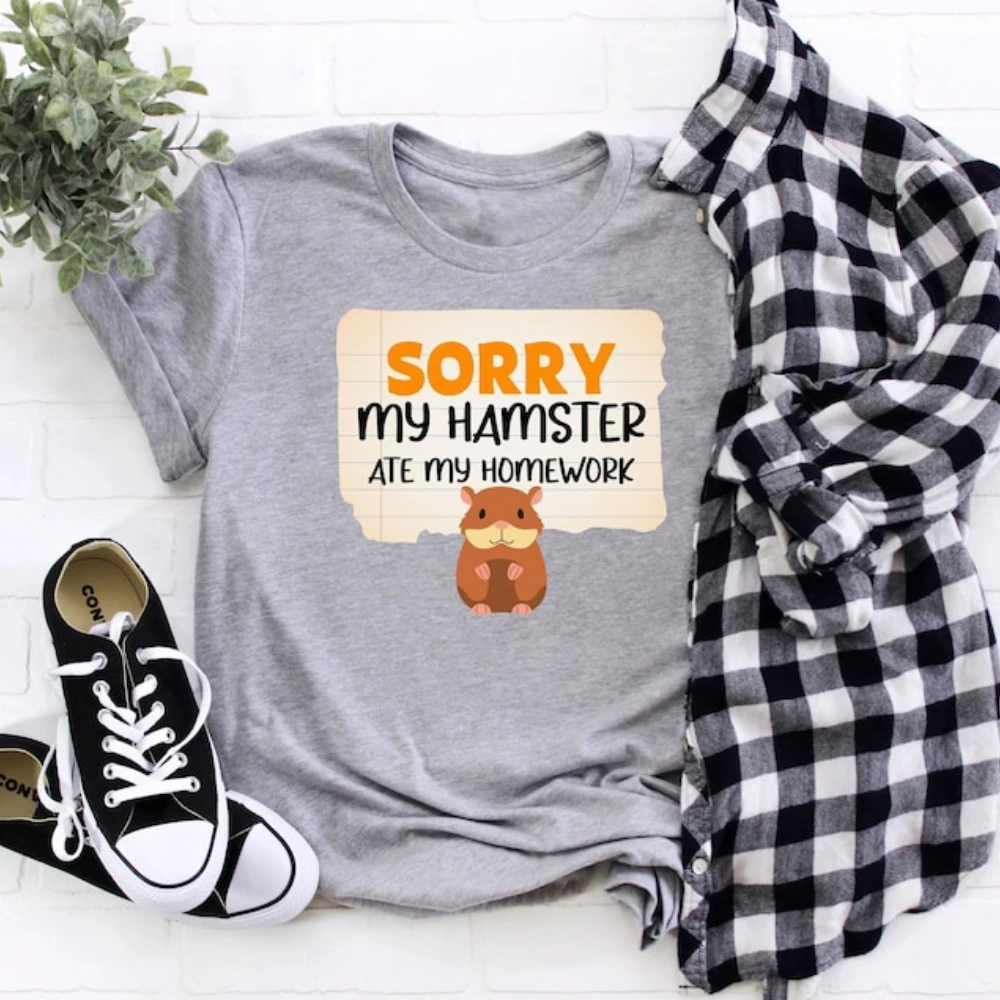 

Sorry My Hamster Ate My Homework Shirt Hamster T-shirt Hamster Lover Gift Round Neck Short-sleeve Simple Style Tees