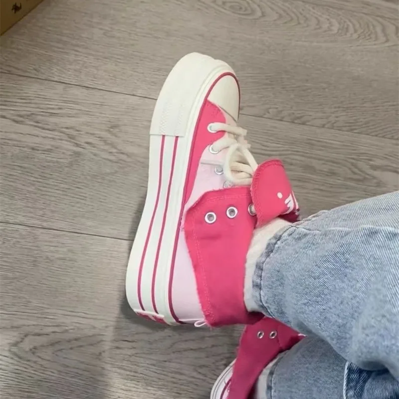 Sanrio Dopamine Hello Kitty Girls Canvas Shoes Student Casual Platform Sneakers Versatile Kawaii High Top Y2k Shoes 2024 New