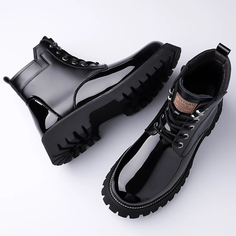 Winter Mens High Top Thermal Boots Plush Lined Snow Shoes Patent Leather Casual Non-Slip Waterproof Warm Comfortable Ankle Boots
