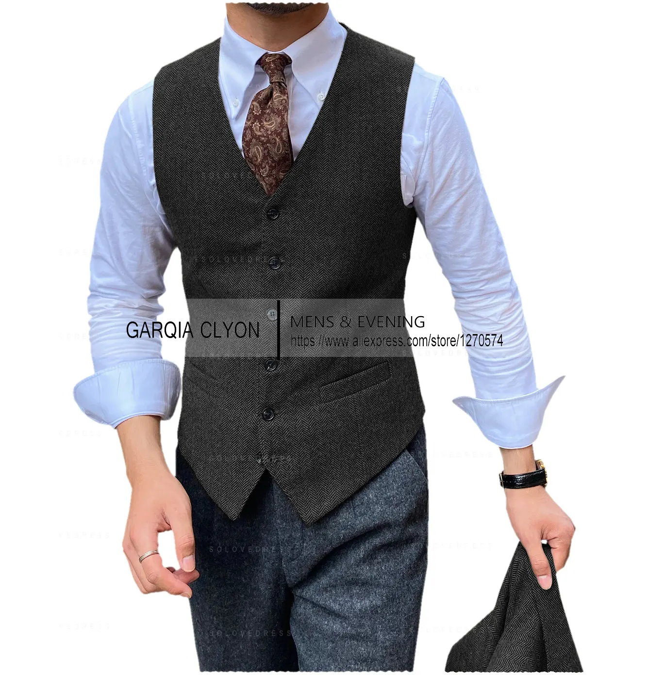 Коричневый мужской жилет, приталенный жилет с рисунком «елочка», винтажный жилет с v-образным вырезом, костюм, жилет для свадьбы, жениха, однобортный