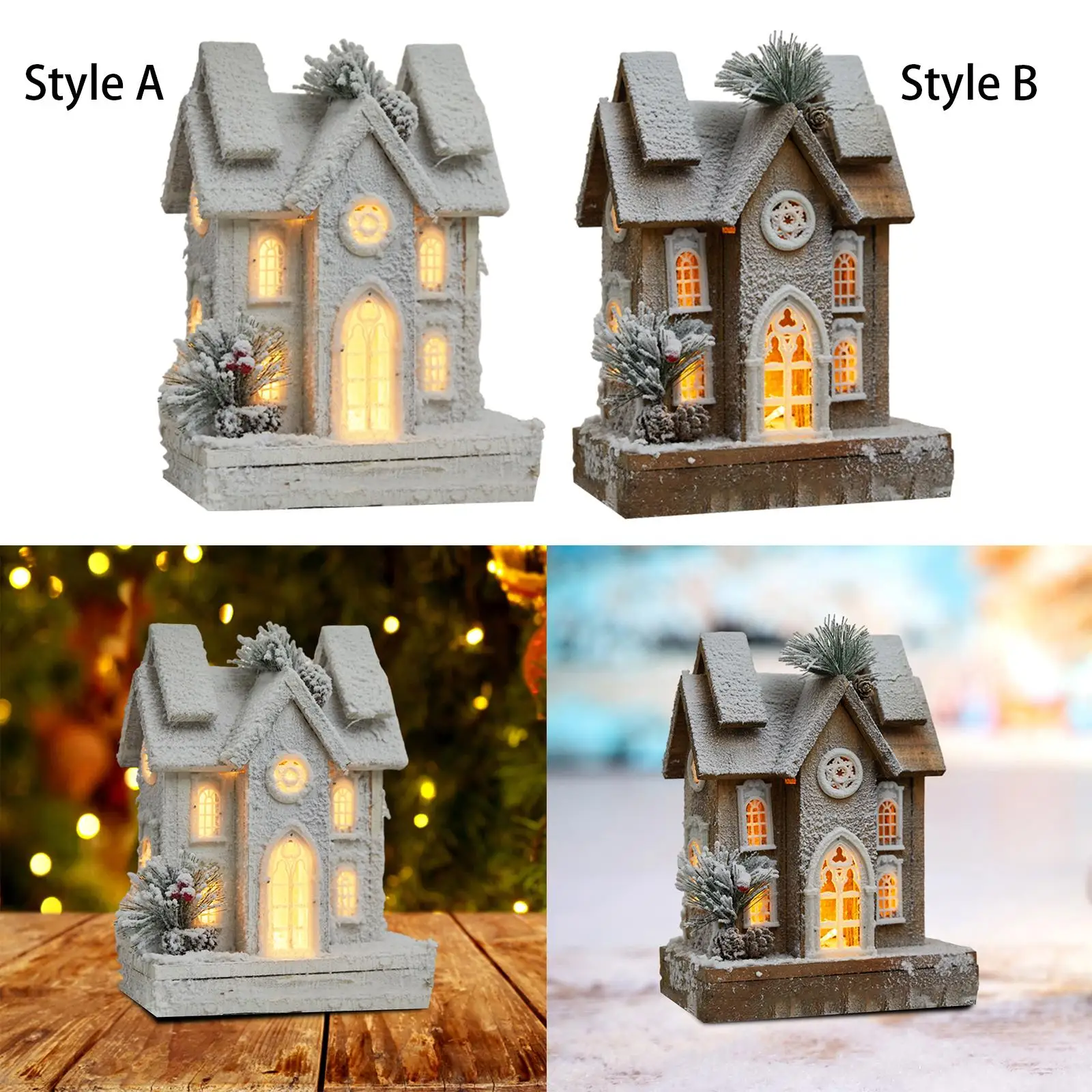 Wooden Christmas Snow House Model with Light 9.4x5x12.2inch for Shop Window