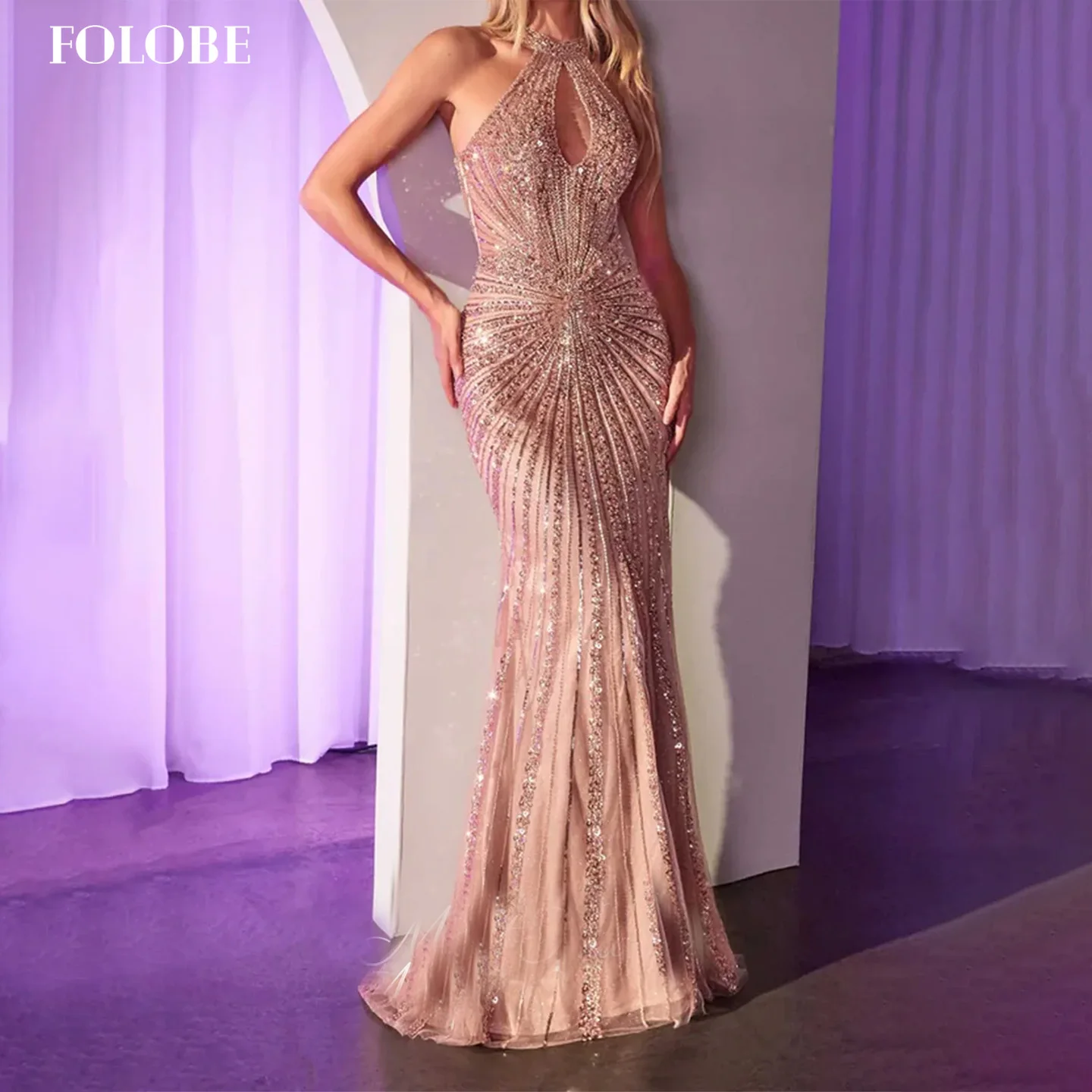 FOLOBE Sexy Corset Mermaid Halter Dubai Evening Dress for Women Modern Side Split Sweep Floor Formal Wedding Prom Customized