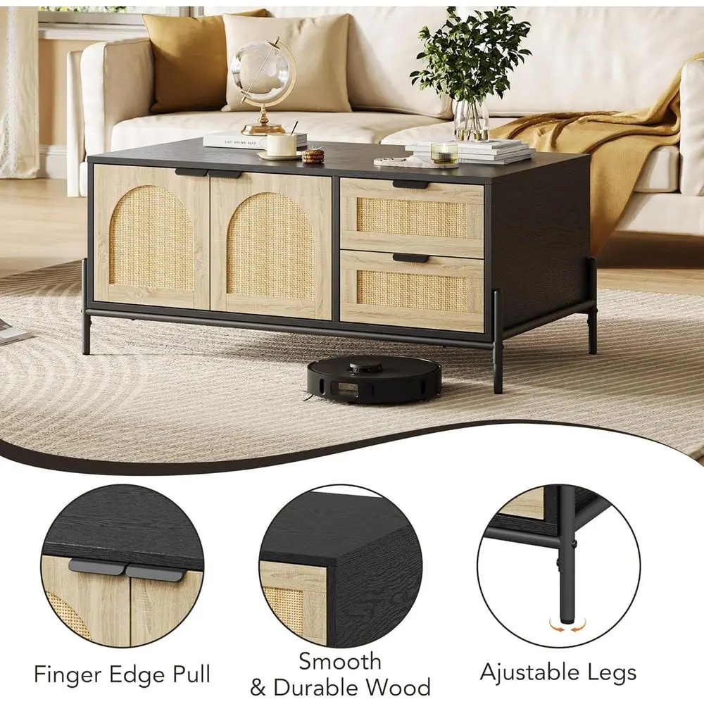 LED-Illuminated Rattan Coffee Table with Storage Drawers and Doors, Modern Farmhouse Style in Black & Oak