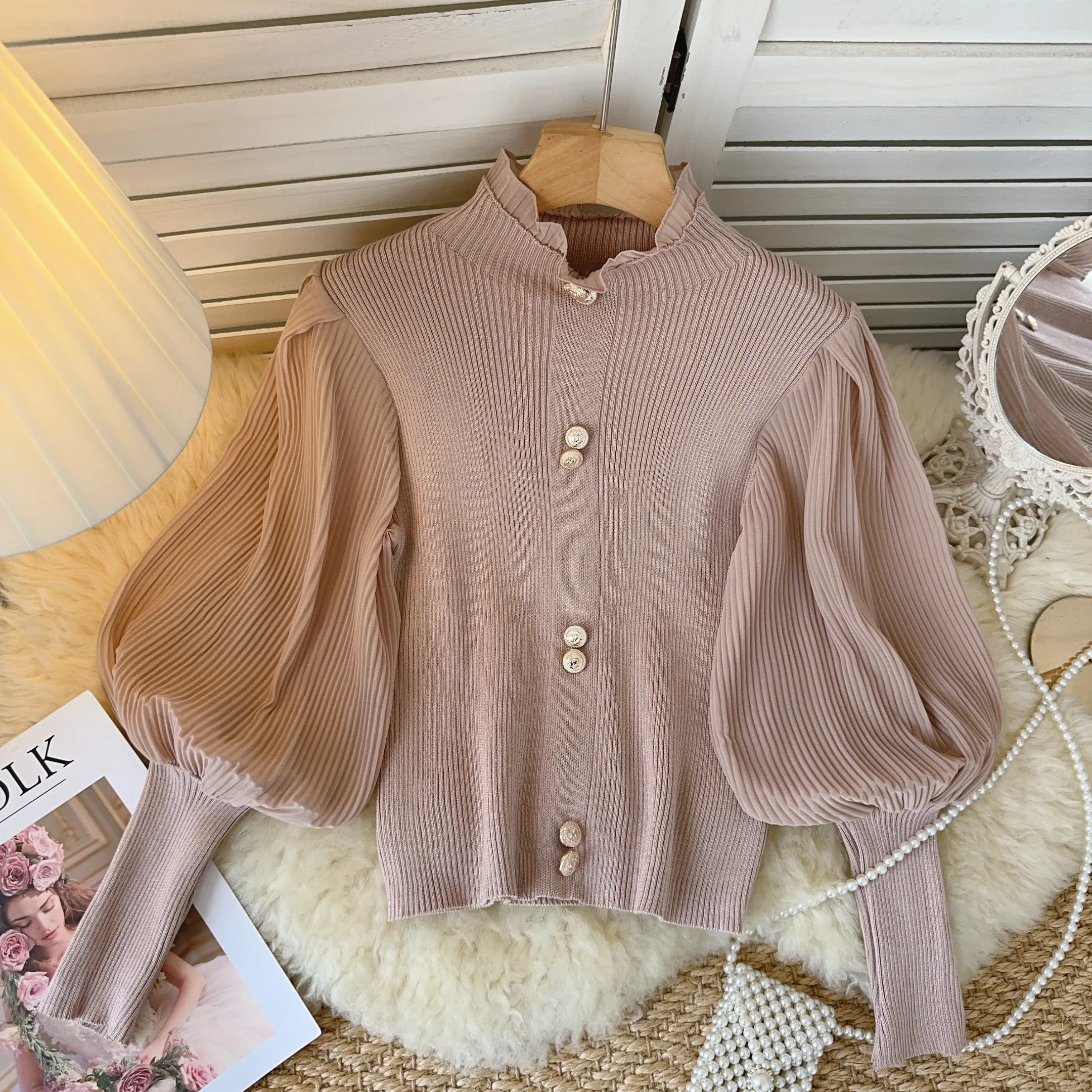 Chic Knit Hotsweet Long Lantern Sleeve Casual Basics Button High Street Slim Spliced Office Lady Vintage Autumn Winter Top