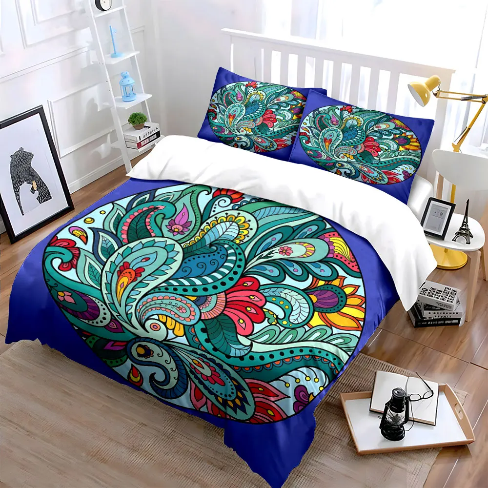 Colorful Floral Mandala Art Decor Soft Skin-Friendly Bedding Set Includes 1 Duvet Cover And 2 Pillowcase, Gift