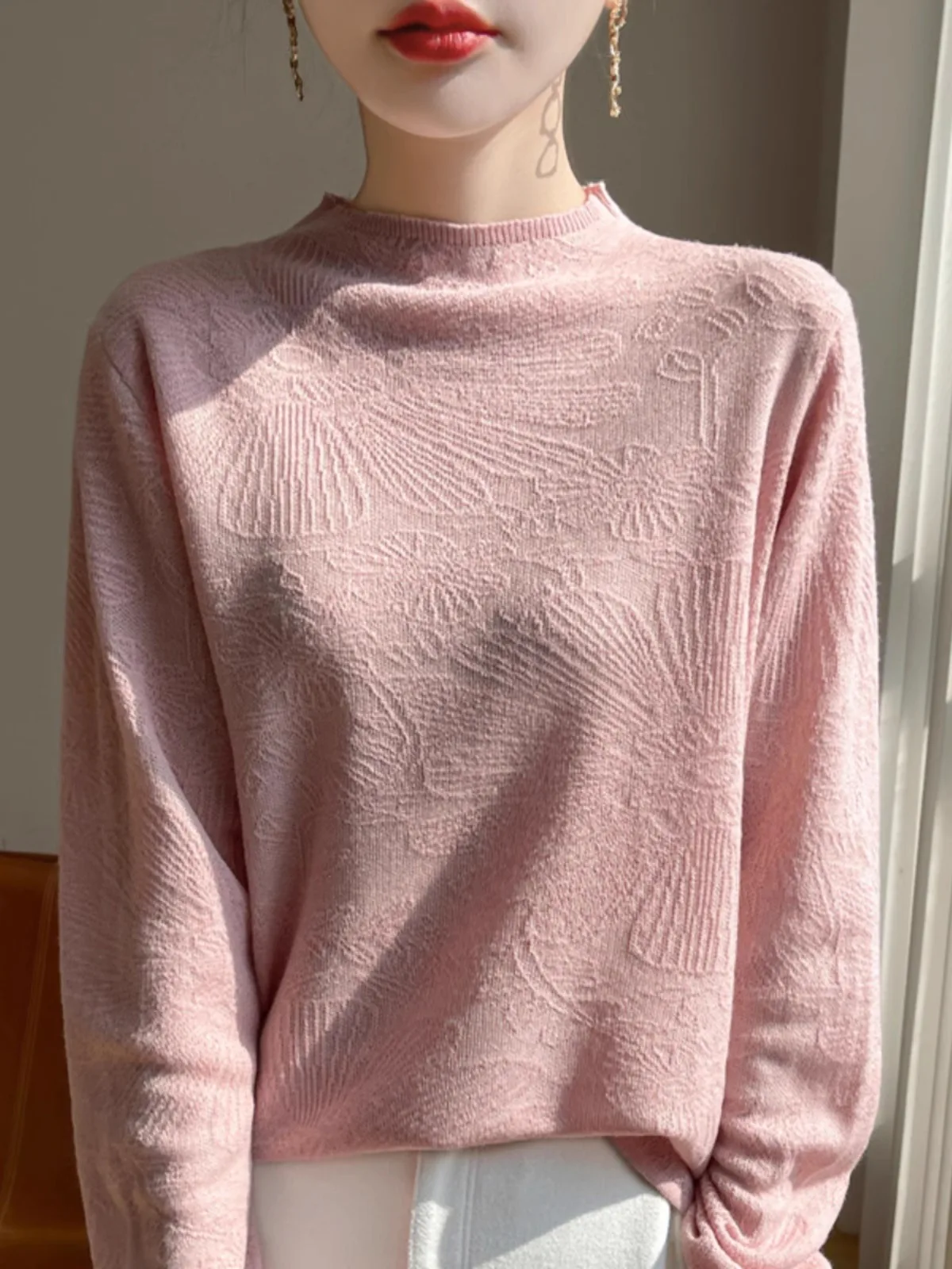 Jesienno-zimowy sweter damski z dzianiny, z wysokim kołnierzem, z efektem 3D, casualowy, uniwersalny, ciepły, długi, prosty krój.