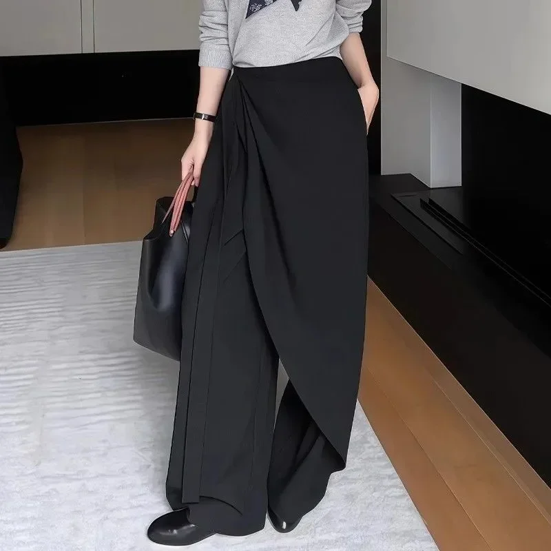 

Новые весенне-осенние брюки нестандартной формы, женская мода, разделенная юбка с высокой талией на шнуровке, универсальные широкие брюки, офисные женские брюки