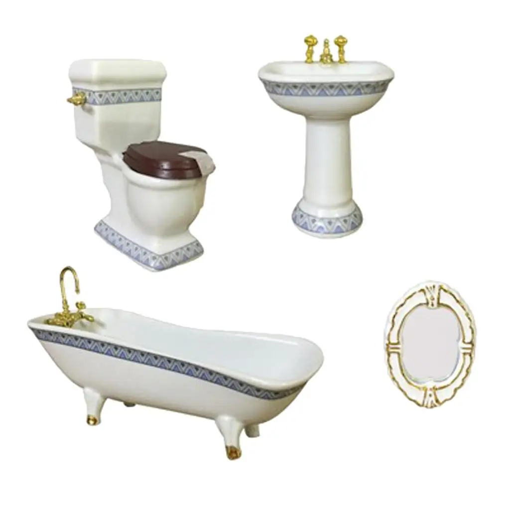 Ceramic Dollhouse Bathroom Furniture (4 pcs) - Bathtub, Sink, Toilet, Mirror - Doll House Furnishings Toy - 1:12 Scale