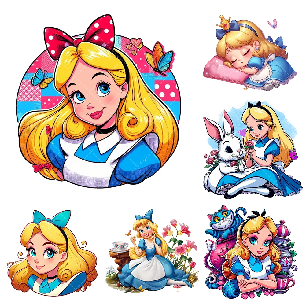 Disney Princess Alice Heat Transfer Sticker Iron On For Clothes Dtf Pinted Vinyl Thermal Appliques Washable Pillow Decorating