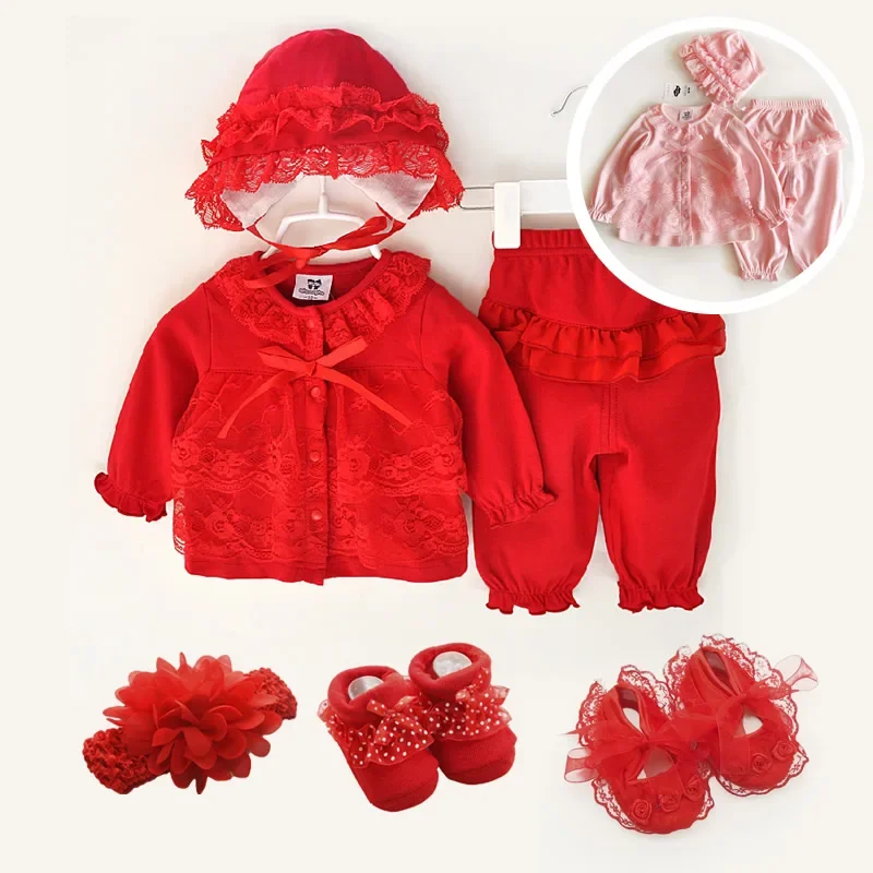 New Born Baby Girl Clothes 0-3 Months Long Sleeve Spring Autumn Set Sets 1 Year Birthday Pink Red Baby Clothing Shoes 6 9 12