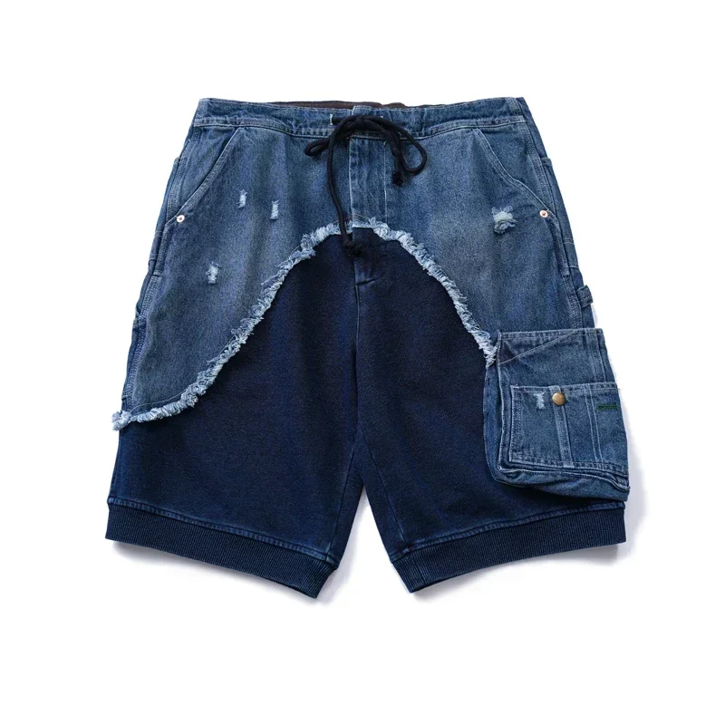 GL Style Multi Material Patchwork Design Summer Men's Loose Washed Denim Shorts Quarter Pants Trend New Arrival