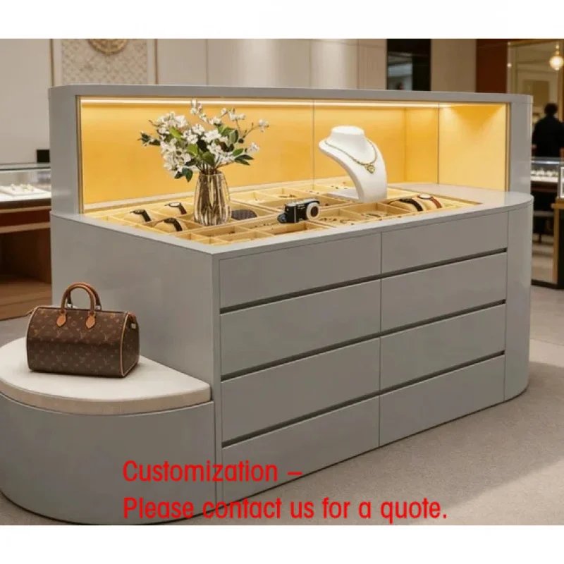 custom.Matte Gray Curved Luxury Jewelry Display Island with Ambient LED Base Lighting Shopping Malls