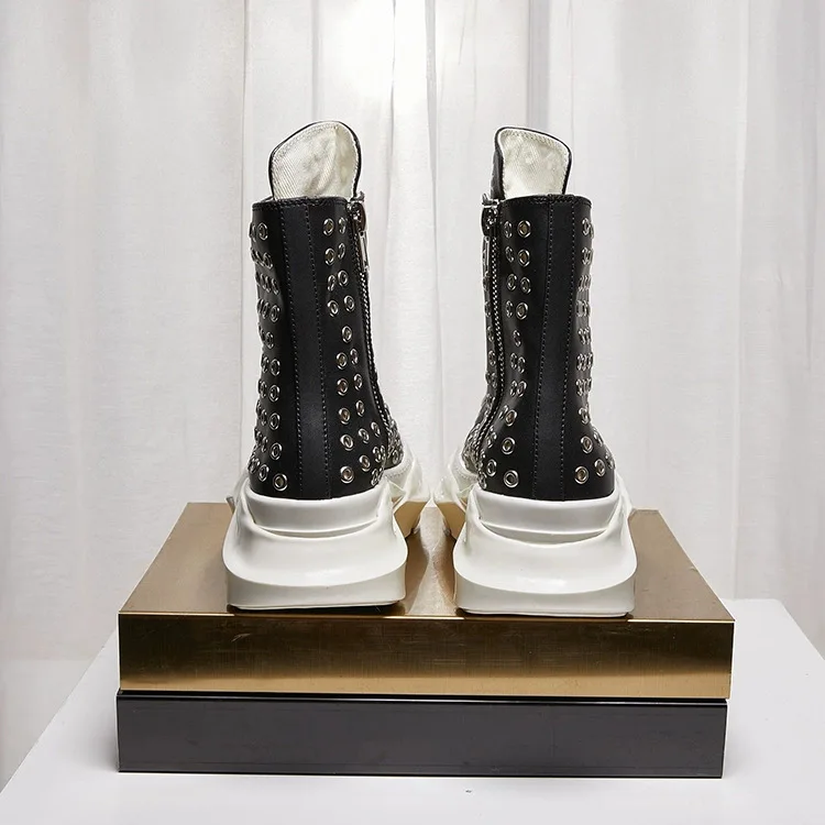 Vintage Men Shoes High-TOP Platform Boots Heightening Real Leather Rivets Sneaker Luxury Trainers Casual Zip Black Shoes view 2