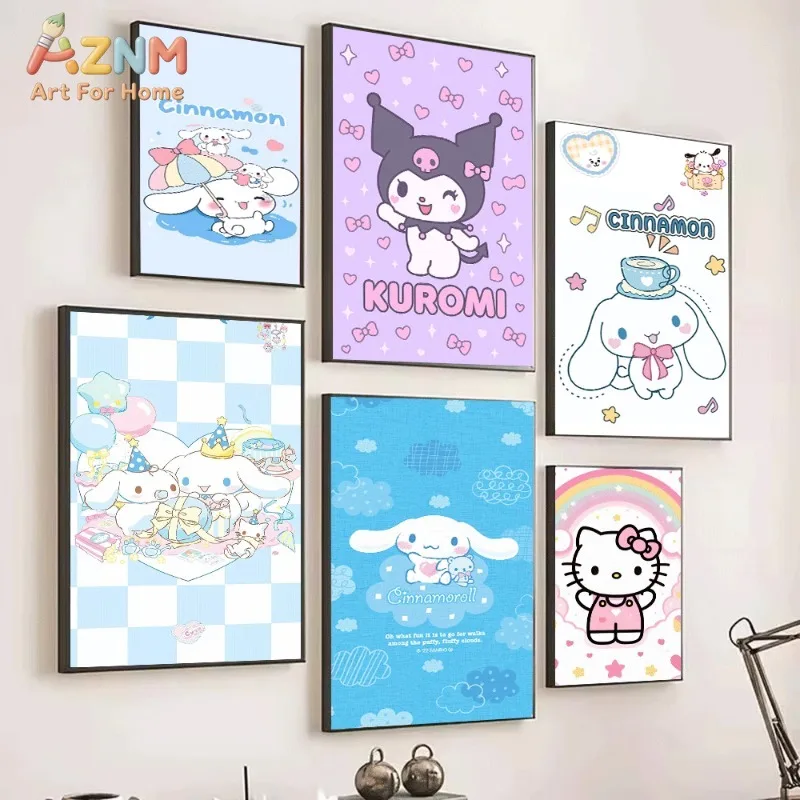 Cinnamoroll Kuromi Hello Kitty Canvas Poster Sanrio Cute Cartoon Wall Art Unframed Print Sweet Pastel Home Decor Gift