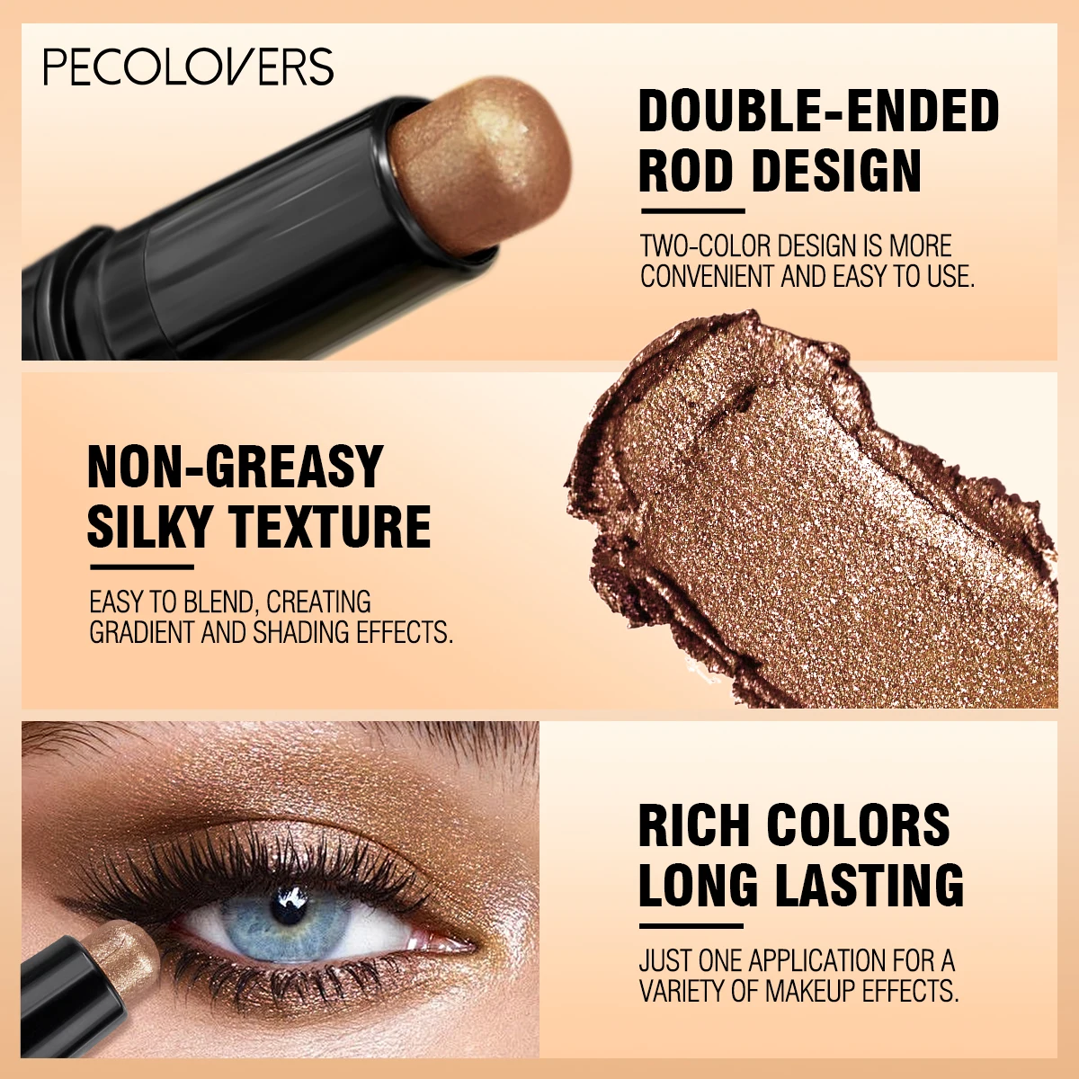 Ombretto in stick con glitter doppio colore Ombretto Trucco Cosmetici luccicanti bicolore impermeabili Trucco di bellezza pigro portatile