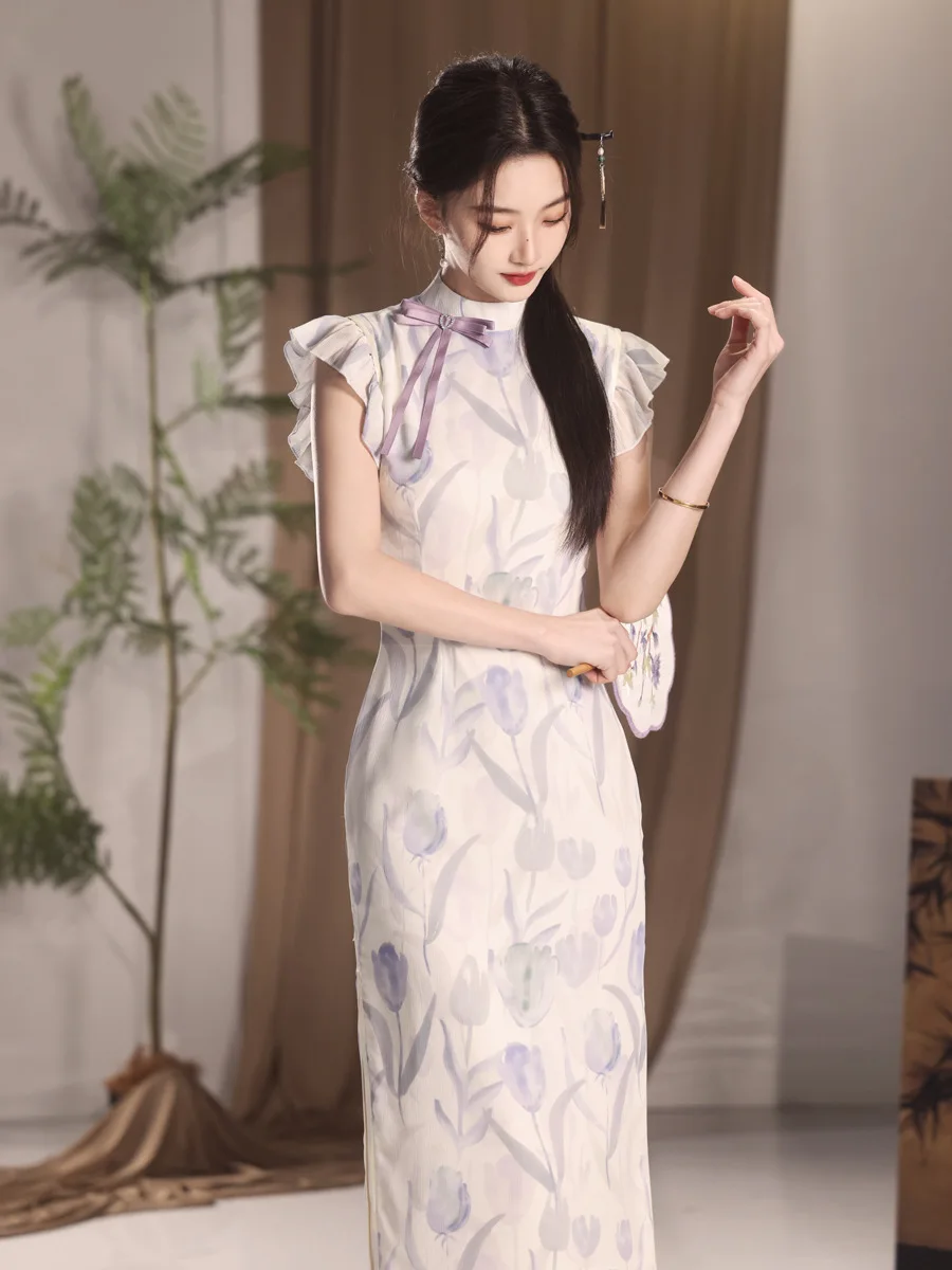 Vestido de noche exquisito Cheongsam de alta gama con estampado de tulipán de gasa joven de estilo chino, nuevo