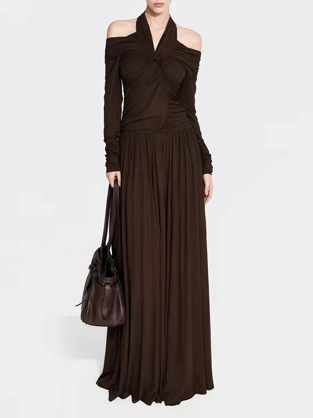 Modphy Elegant Women Folds Solid Slim Maxi Dresses Women Halter Neck Long Sleeve High Waist Long Dress Female Party Prom Gowns