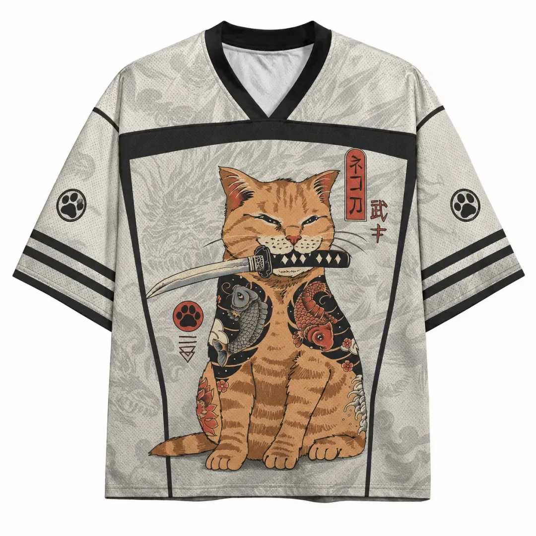 Japanese Style Samurai Cat Soccer Jersey with Retro Ukiyo-e Koi Pattern Cat and Samurai Sword V-neck Mesh Sports Casual T-shirt