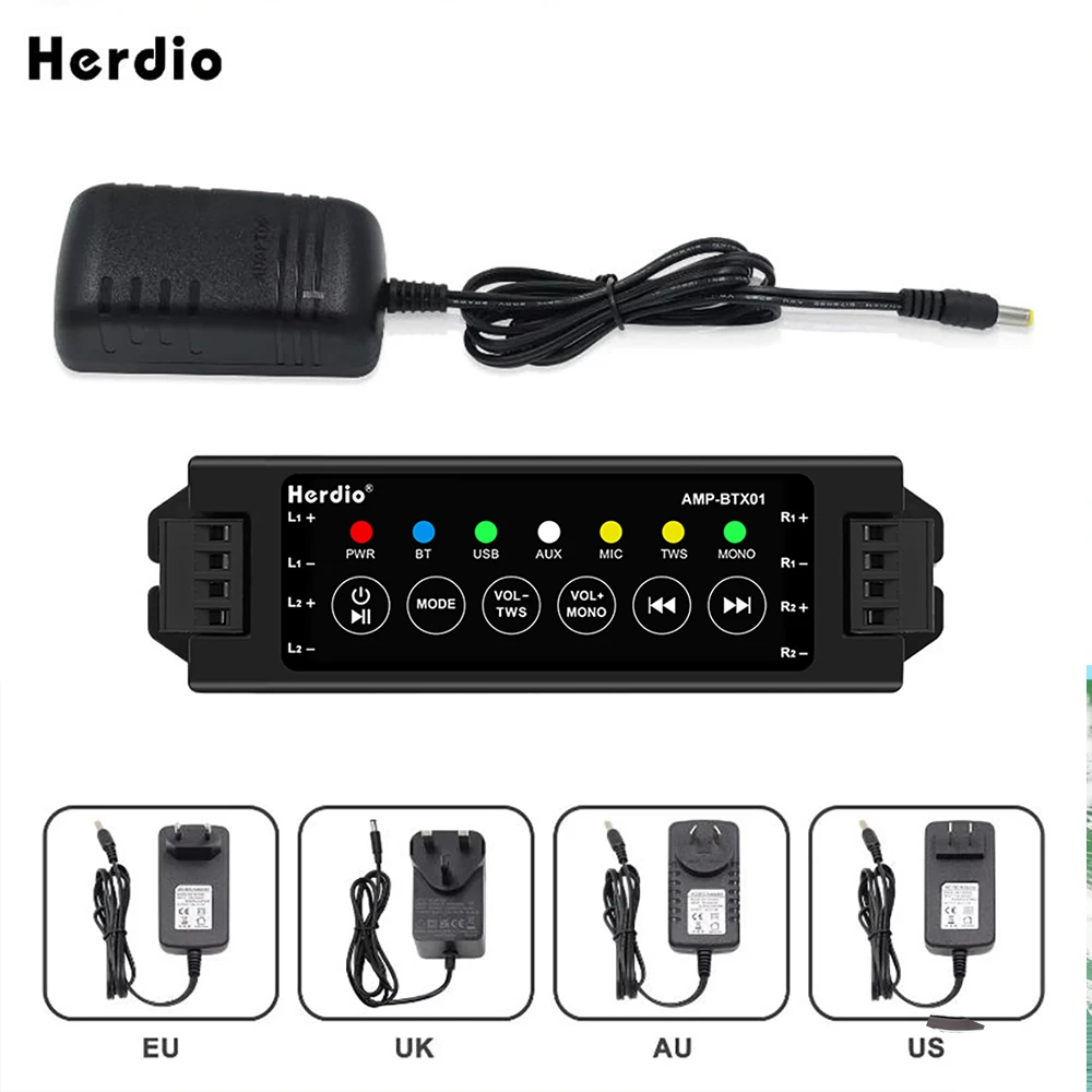 Herdio 4-Way Home Power Amplifiers Audio Bluetooth & Aux Mini Amplifier for Bathroom Wall Ceiling Speakers EU/US/UK/AU Plug