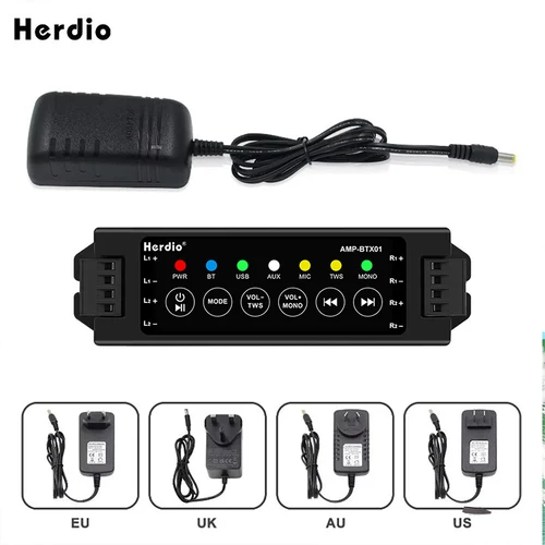 Herdio amplificadores de potencia para el hogar de 4 vías Audio Bluetooth y Mini amplificador auxiliar para altavoces de techo de pared de baño enchufe UE/EE. UU./REINO UNIDO/AU