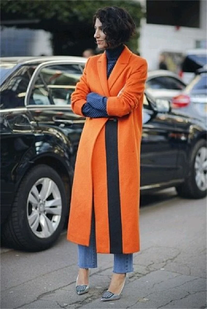 Splicing Kleur Wollen Vrouwen Pak Blazer Lange Overjas Winter Dikke Trenchcoat Custom Made Oranje Mode Jas Prom Dresses