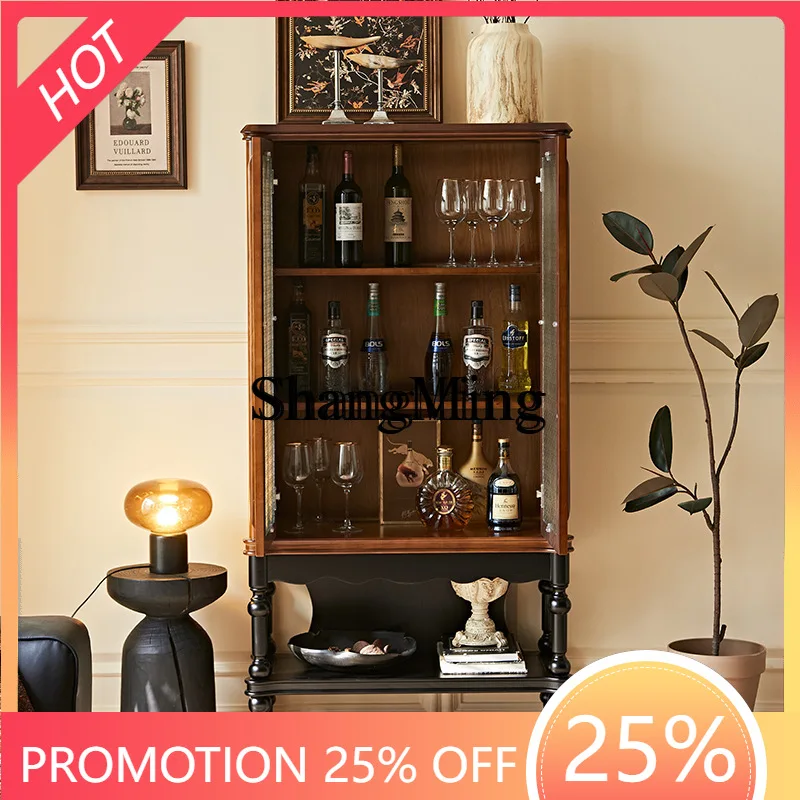 

FG medieval style solid wood side cabinet retro style living room home integrated storage glass cabinet door display cabinet