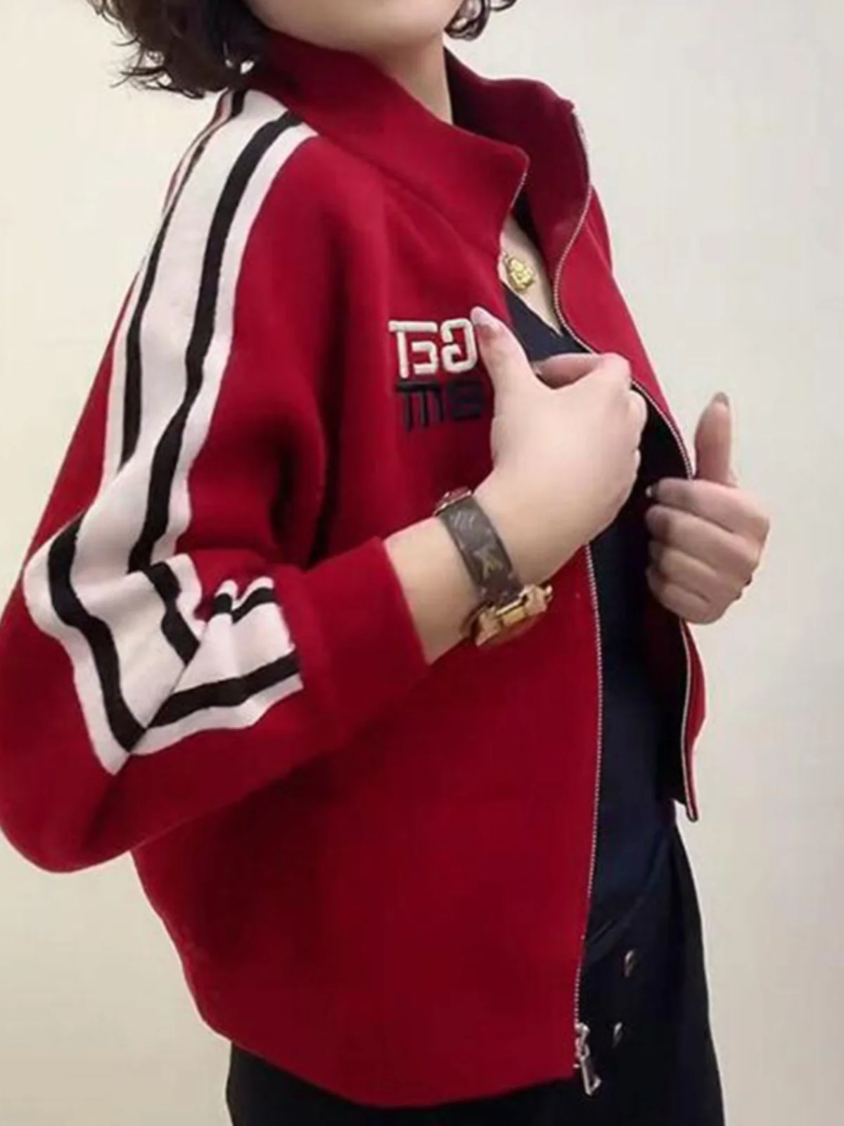 Ele Wine Red Stand Collar ort Baseball Jaet Women's Spring Autumn Large Size Faionable European Sle Top