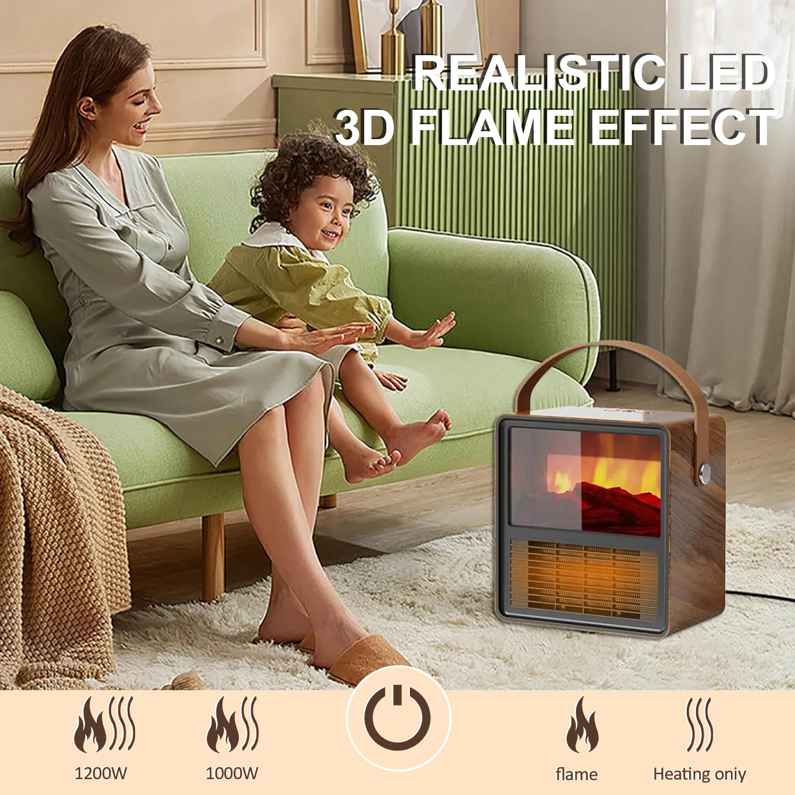 Mobile Space Heater 3D Flame 1200W Fast Heating Quiet and Safe Electric Heater Digital Display Screen Overheating Protection