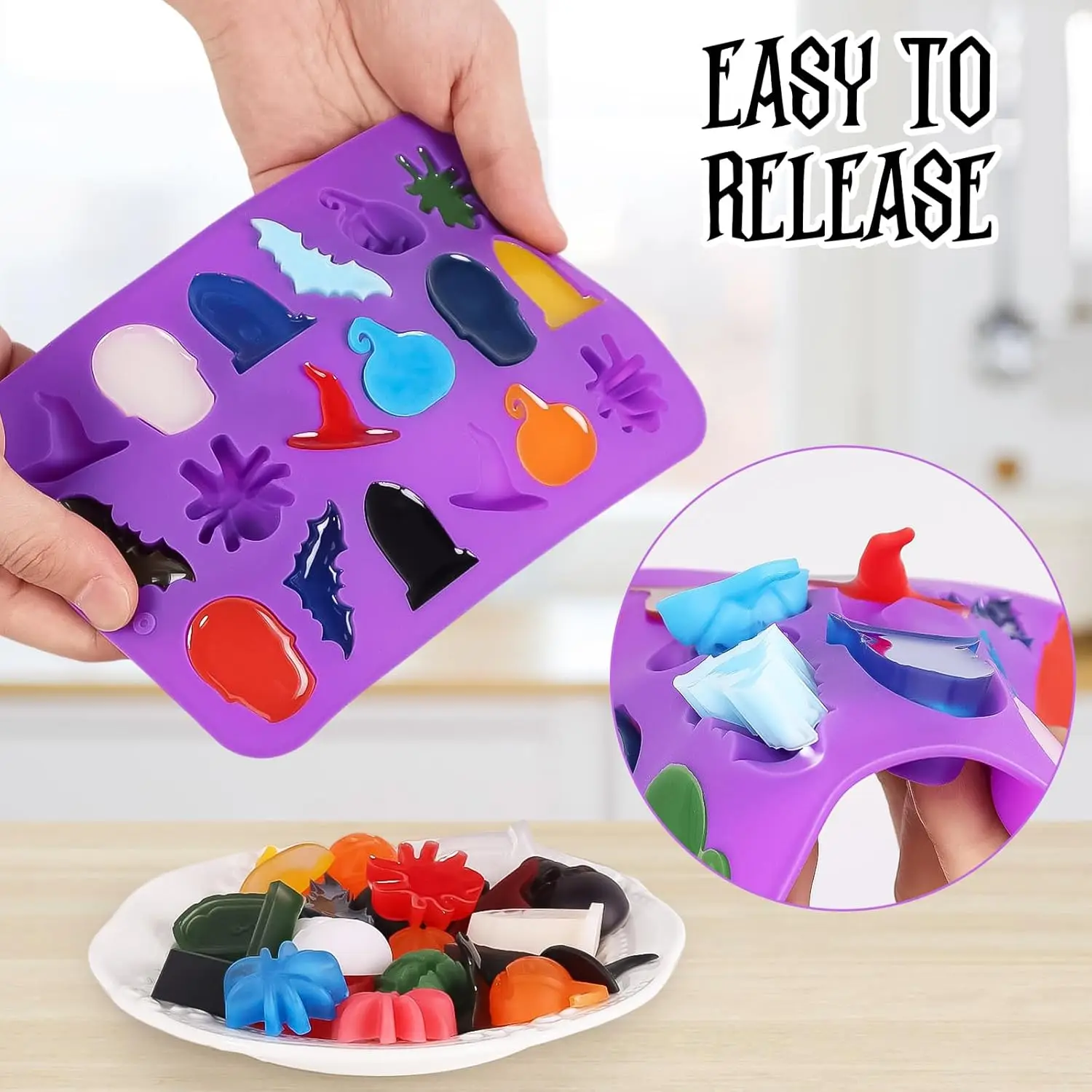 Halloween Chocolate Silicone Mold,Candy Gummy Molds with Pumpkin Ghost Witch Hat Bat Spider Shape for Baking Gummy Jelly Dessert