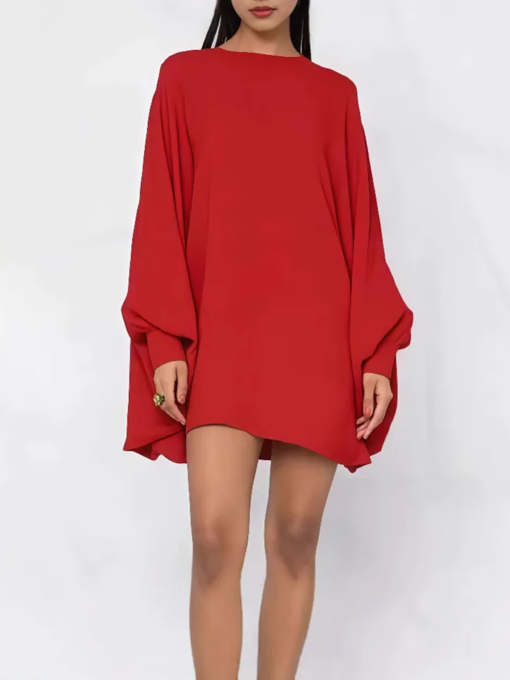 レディース バットウィングスリーブ ショートドレス ルーズフィット ストリートウェア カジュアル チュニック オーバーサイズ Tシャツ チュニックトップス レギンスと合わせて着る