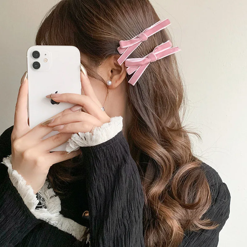 2PC Korean Style Velvet Bow Hairpin Set Solid Color Simple Hairgrip for Girls & Women Vintage Hair Clips Accessory