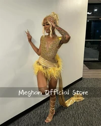 Gold Short Prom Dress Black Girls Bead Crystal 2024 Birthday Luxury Dress Feather Cocktail Homecoming With Side Train Customized