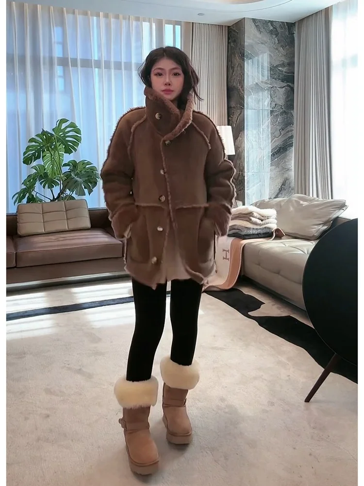 

Двустороннее теплое шерстяное пальто ME【Sunset Sand Dunes】Fuzzy 00% шерсть Long Sve с откидным воротником и пуговицами MEQA3932