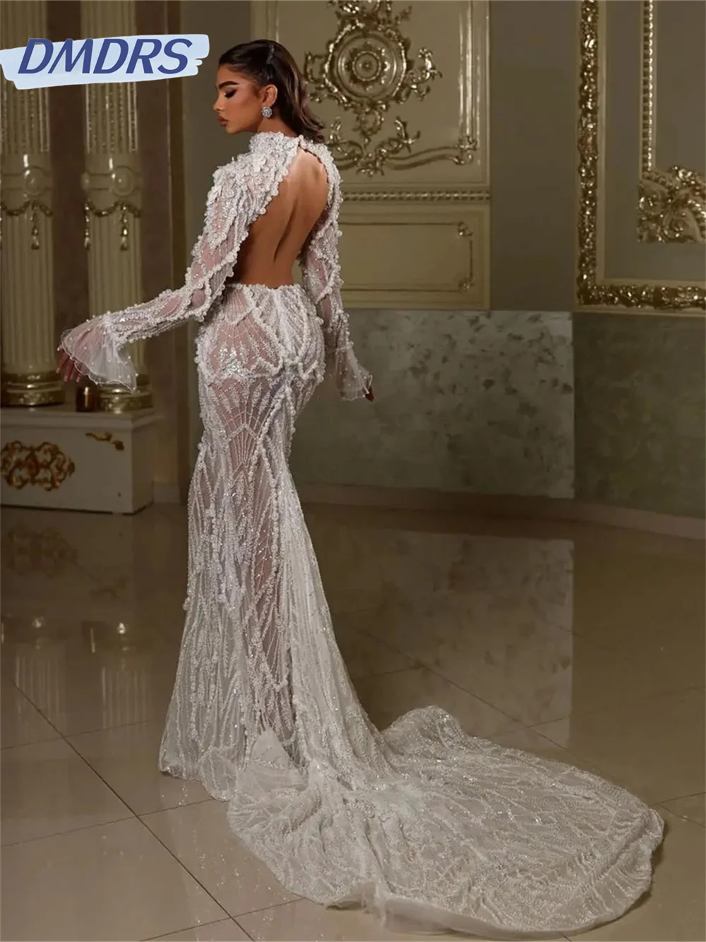 Luxurious Long Sleeve Wedding Dresses 2024 Elegant Backless Bridal Dresses Glamorous Mermaid Floor Length Gown Vestido De Novia