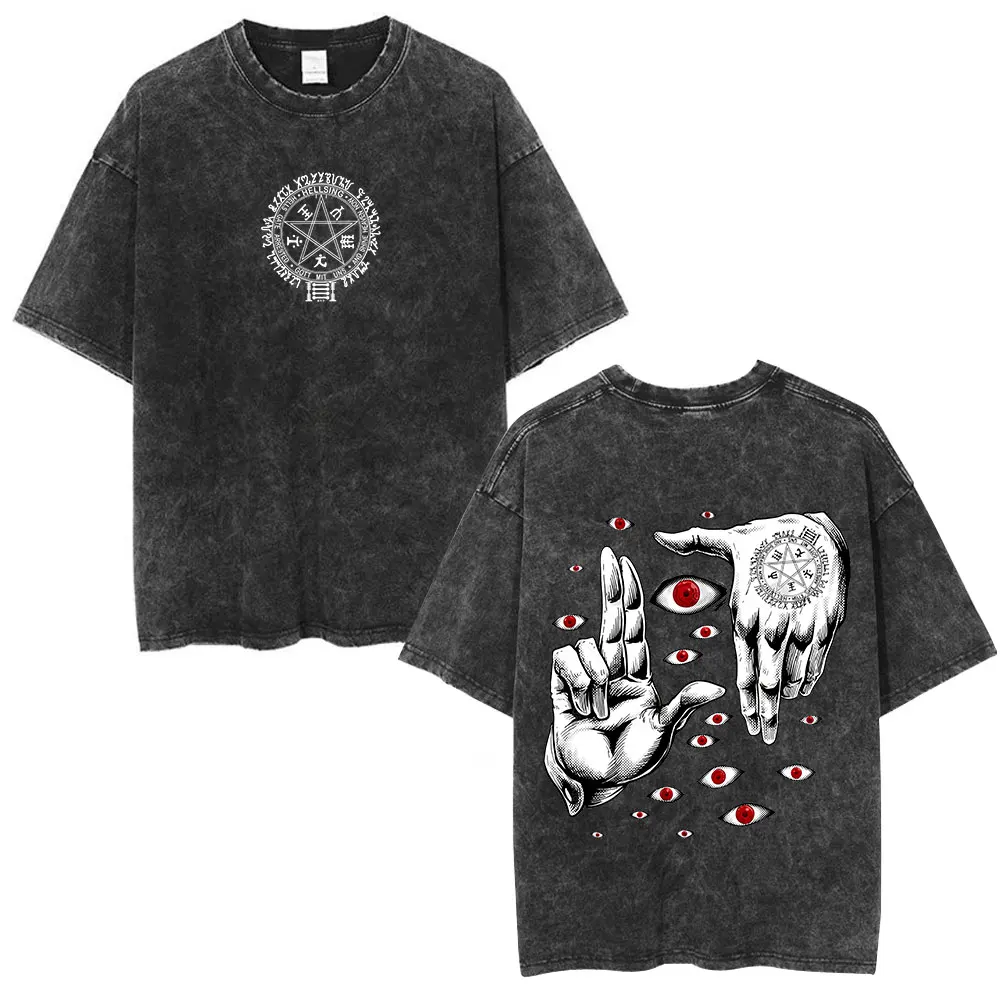 Anime Hellsing Ultimate T-shirts Men Clothing Washed T Shirt Manga Alucard Eyes Cotton Short Sleeve T-shirt Unisex Streetwear