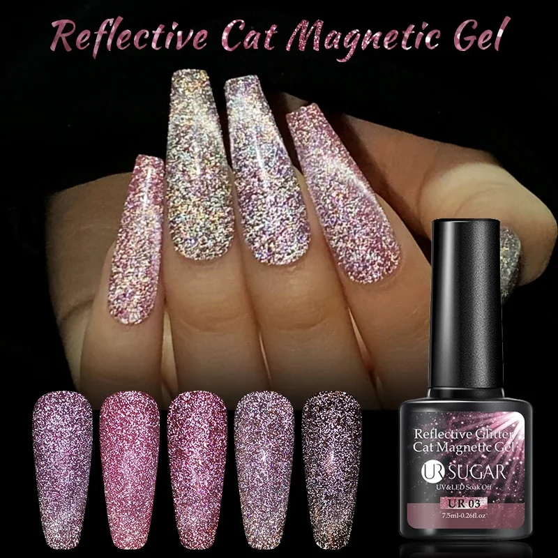 UR SUGAR Reflective Cat Magnetic Gel Polish - Silver Shining Iridescent Effect UV Varnish