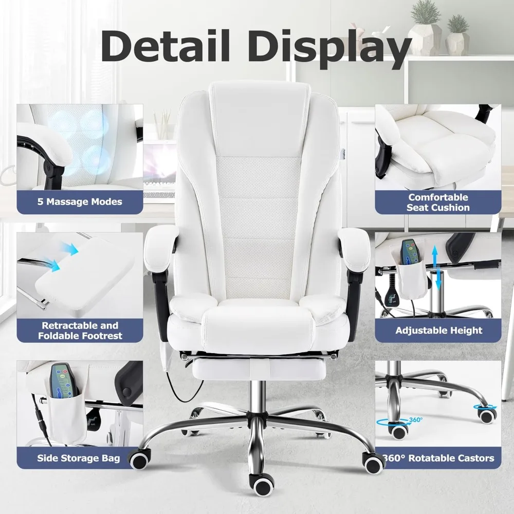 كرسي مكتب تدليك مستلق مع مسند للقدمين، كرسي تنفيذي مريح عالي الظهر مع وظيفة التسخين والاهتزاز