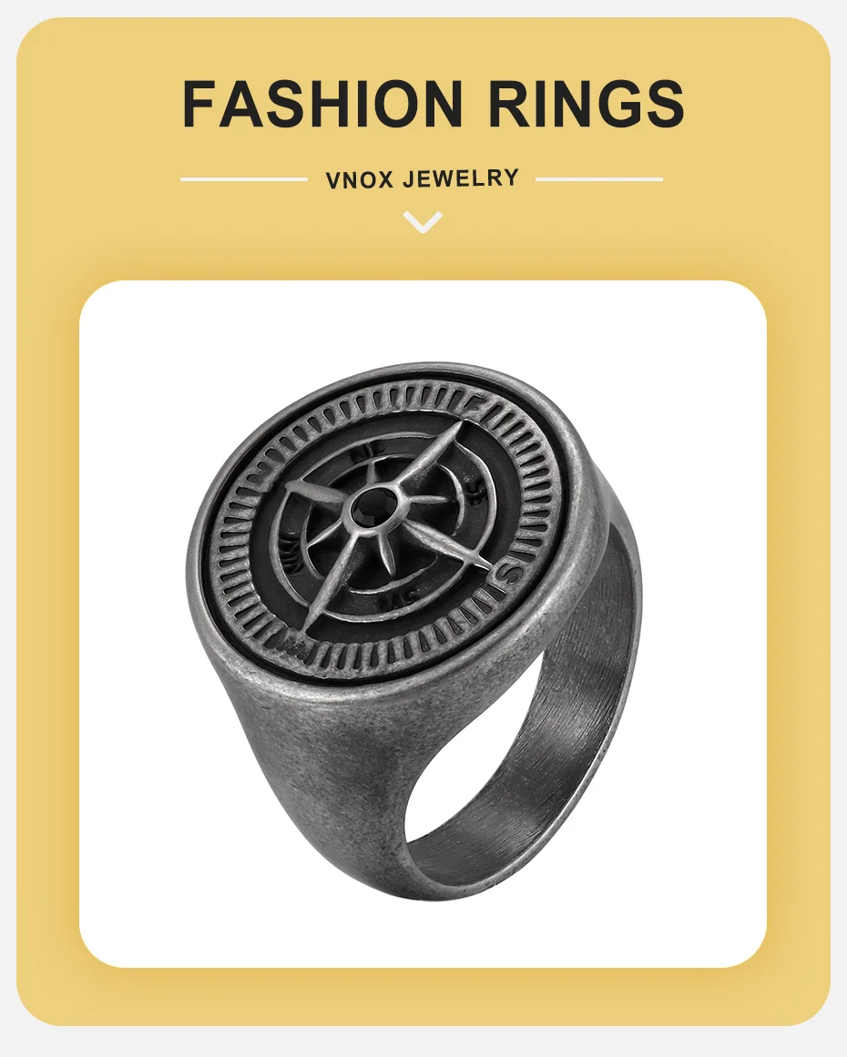 Vnox Herren-Siegelring aus Edelstahl im Antik-Look mit Kompass-Motiv, Vintage Punk Nautischer Navigationsring, Schmuck für den Alltag, Geschenk für Ihn – Detail 2
