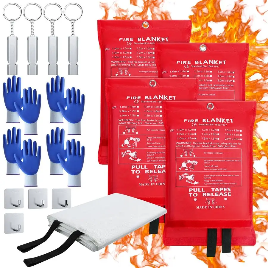 حزمة بطانيات حريق للمنزل والمطبخ 47x47 بطانية حريق الطوارئ لبطانية قمع الحريق من الألياف الزجاجية مع قفازات بخطاف Wh