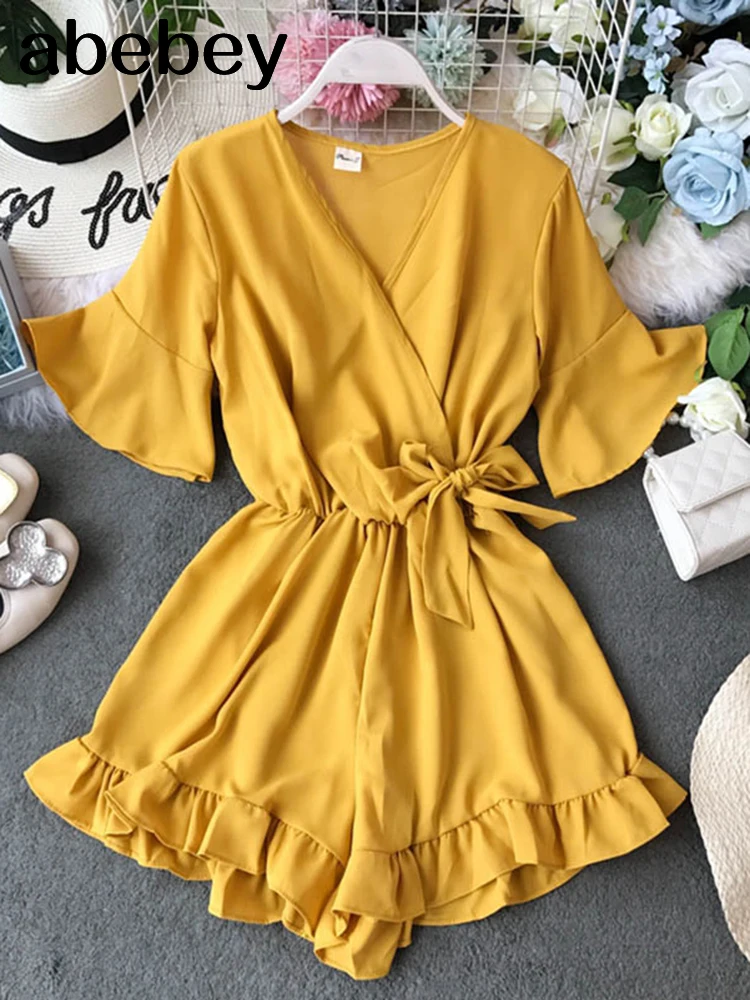 Sweet Ruffled Women Playsuits Elastic High Waist Bow Female Jumpsuit Romper Butterfly Sleeve Short Overalls for Girls