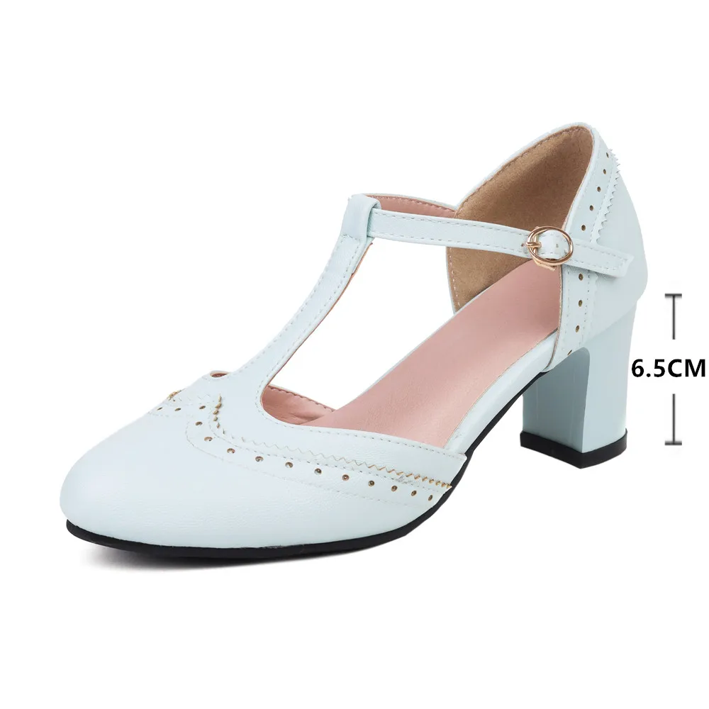 Lady Fashionable Single Shoes T-Strap Buckle Sweet Blue Pumps 6.5CM Heel High Heels Zapatos Party Wedding Women Mary Janes Shoes