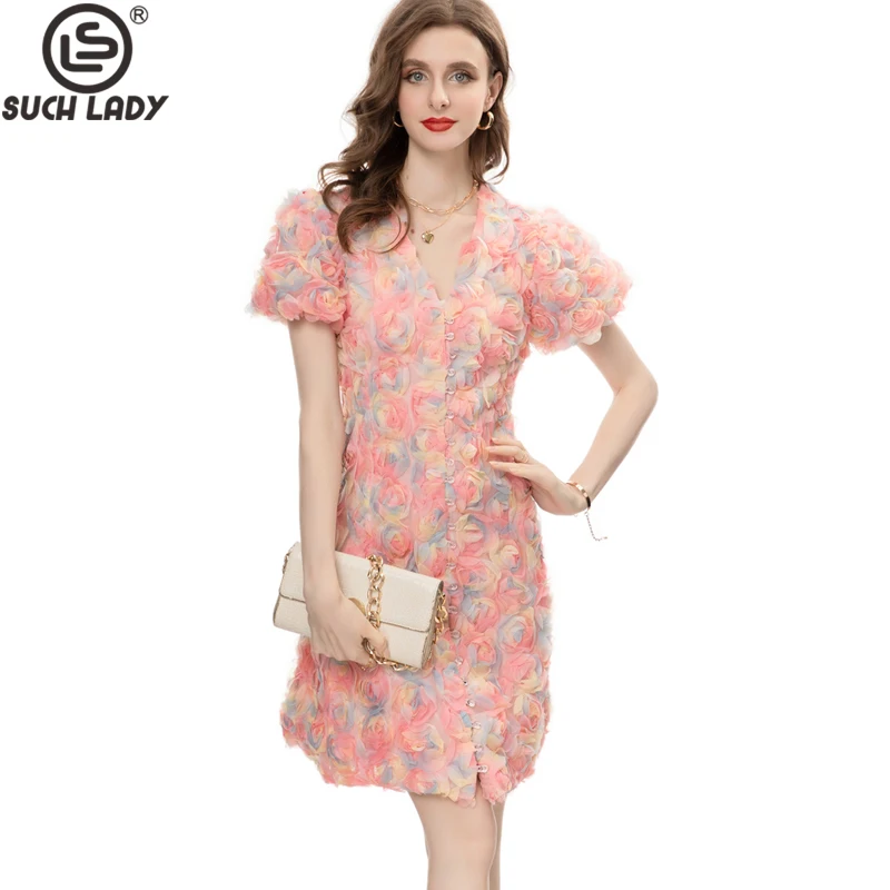 

Women's Runway Dresses V Neck Short Sleeves Appliques Flowers Fashion Casual Pencil Vestidos