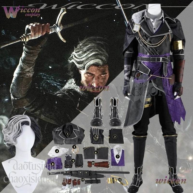 Wona VerlesoIm juego de Cosplay Punk batalla negro púrpura Pu uniforme Retro estilo vikingo abrigo Sexy hombre pelucas fiesta de Halloween Cos