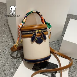 Colorblock Shoulder Cylinder Bucket Bag, Scarf Decor Top Handle Bag, Stylish Crossbody Purse For Women