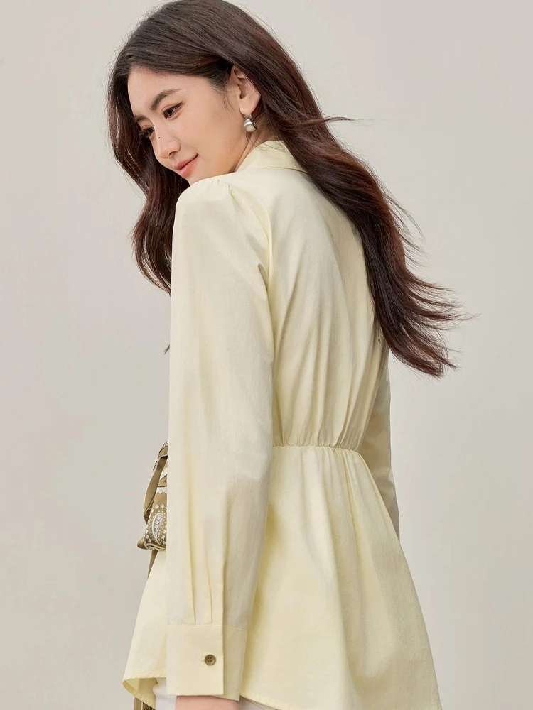 Sentubila 100% algodão feminino cachecol cinto camisa outono 2025 cintura polo pescoço elegante commuter blusa manga longa topo w53ca2860