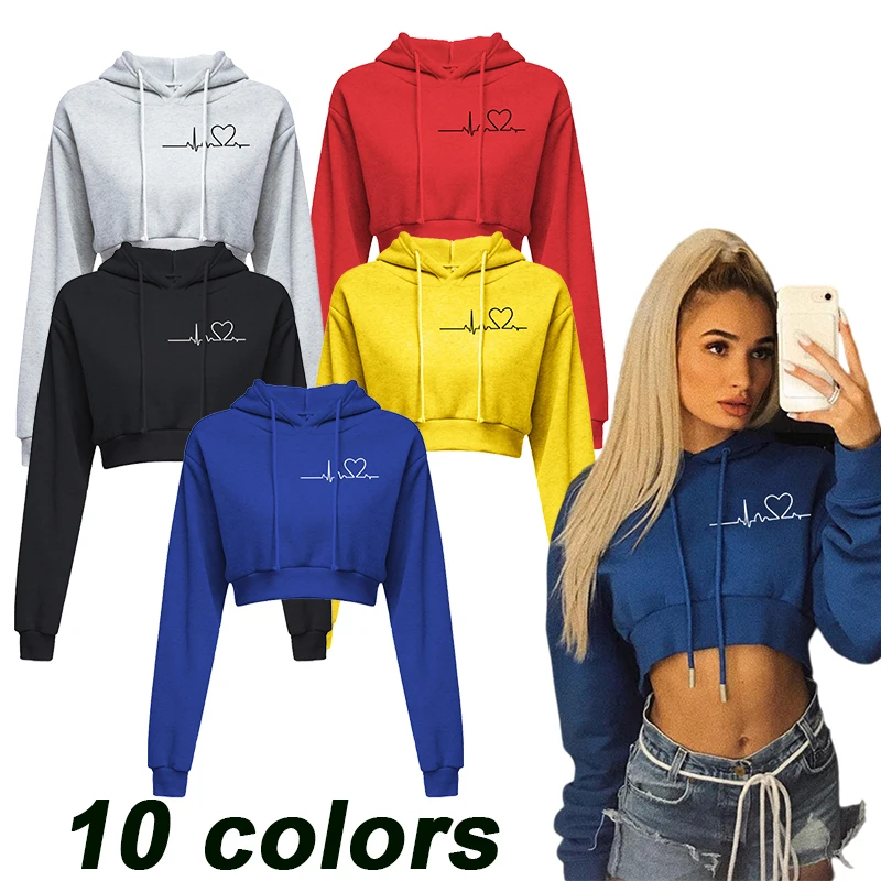 Fashion Women's Sexy Casual Long Sleeve Printed Hoodie Short Sweatshirt Flat Corner Top Pullover Hooded Sweatshirt Short Hoodie