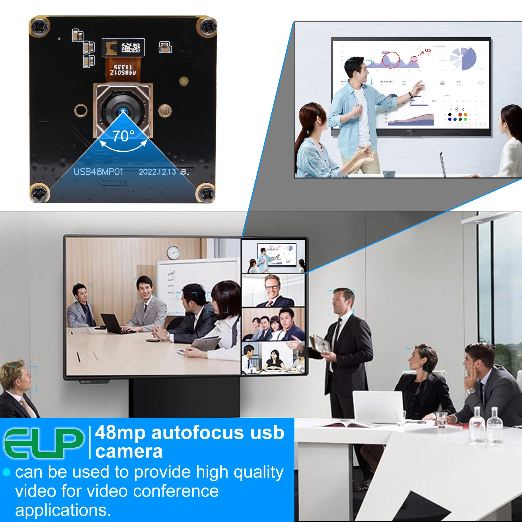 ELP 48MP USB Camera Module 4K 30fps Autofocus Industrial PC Webcam with 70degree Lens for Face Recognition,Video Conference